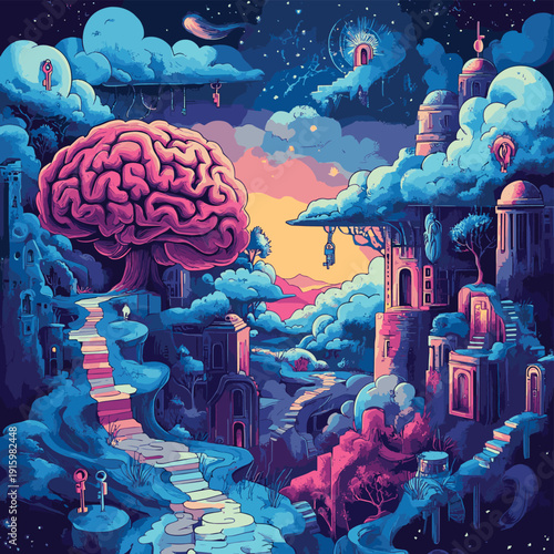 Surreal Landscape with Human Brain Maze, Floating Keys, Doors in Clouds, and Animals in Vibrant Fantasy Nature Illustration , vector style simple color