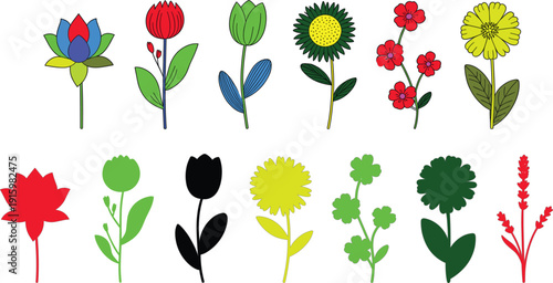 Colorful spring flower collection set featuring various floral species and solid silhouettes isolated on a white background vector