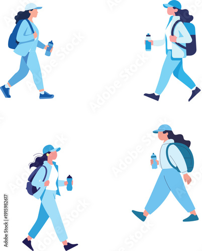 Colorful vector illustration set of diverse women hikers walking with backpacks and water bottles isolated on white background