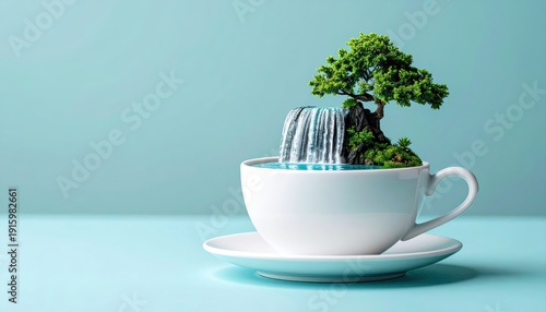 Miniature Waterfall and Tree in a White Cup on Blue Background,Surreal concept