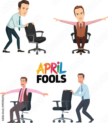 Colorful vector illustration set of office workers performing chair pranks for April Fools Day celebration isolated on white background
