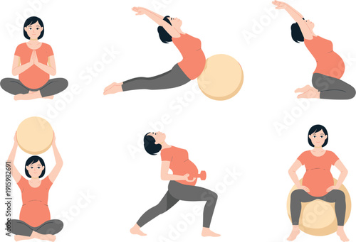 Colorful vector illustration set of pregnant women performing various prenatal yoga and fitness exercises with stability balls isolated on white background