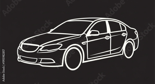 Modern Sedan Car Outline Drawing on Black Background.