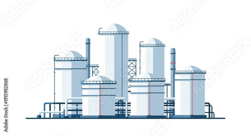 Modern industrial factory complex with storage tanks and pipes.