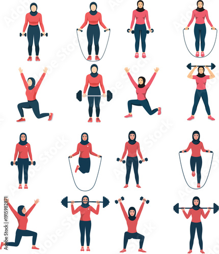 Comprehensive colorful vector illustration set of active Muslim women in hijabs performing various gym fitness and workout exercises isolated on white background