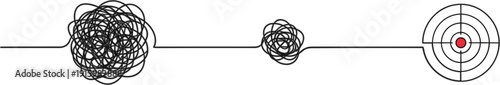 Conceptual business target vector illustration featuring a continuous black line evolving from a tangled mess to a clear path hitting a bullseye