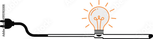 Conceptual flat vector illustration of a single electric plug connected to a glowing light bulb symbolizing inspiration and creative power