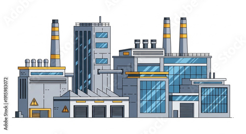 Modern industrial factory complex with tall chimneys and glass windows.