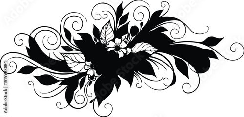 An elegant black and white vector illustration featuring an abstract floral design with ornate swirls, curved leaves, and intricate scrollwork for a decorative nature pattern
