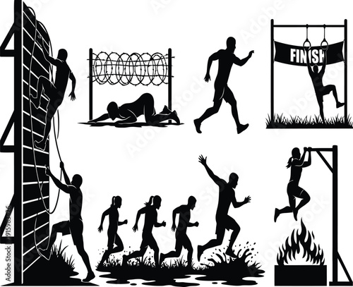 Black silhouettes of people running and jumping over obstacles in a challenging obstacle course with various hurdles