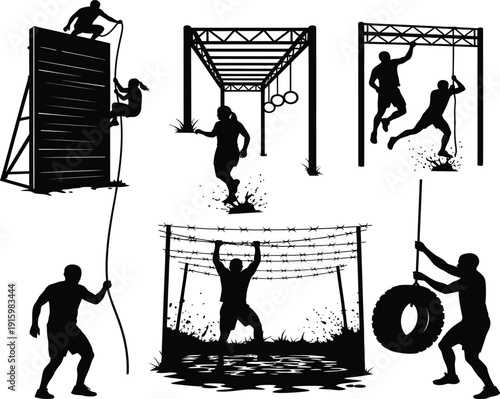 Black and white silhouette illustrations of people performing various obstacle course activities and exercises outdoors
