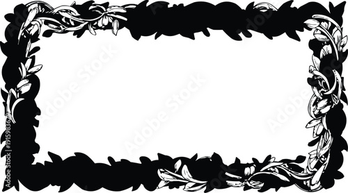   black floral illustration vector frame featuring intricate nature ornament, branches, and  silhouette for card design