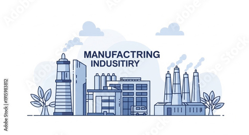 Modern Manufacturing Industry Buildings with Smokestacks and Trees.