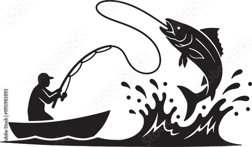 Graphic black silhouette of a fisherman fighting a big fish jumping from the water