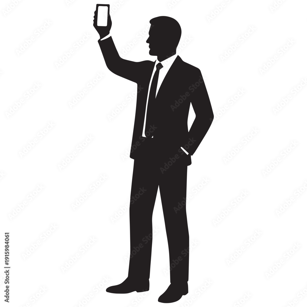 Obraz premium Silhouette of a businessman taking a selfie with his smartphone