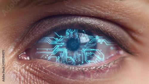 Futuristic Eye with Digital Circuitry Closeup.