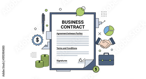 Business contract agreement and legal document signing concept illustration.