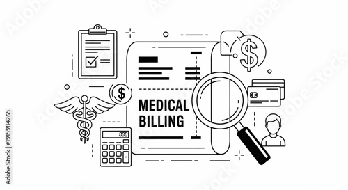 Medical billing and health insurance claim concept line art illustration.