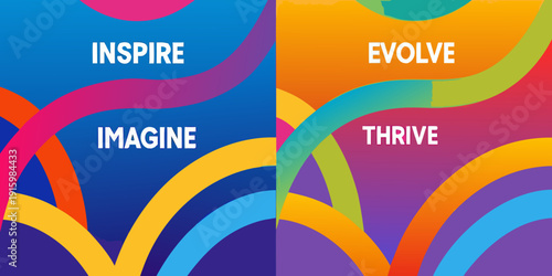 Colorful abstract background featuring the words inspire imagine evolve and thrive