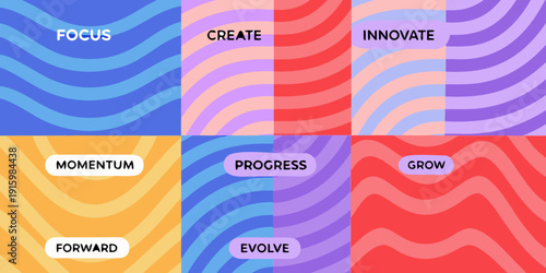 Colorful grid with inspirational words and wavy abstract designs