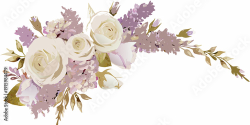 A delicate arrangement of white roses lavender and sprigs of foliage