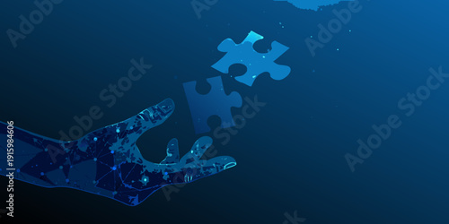 A hand reaching for floating puzzle pieces in a digital blue space