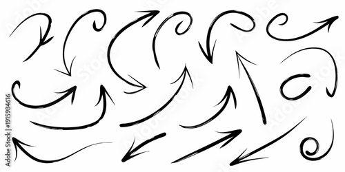 Collection of hand drawn black arrows and curved directional symbols