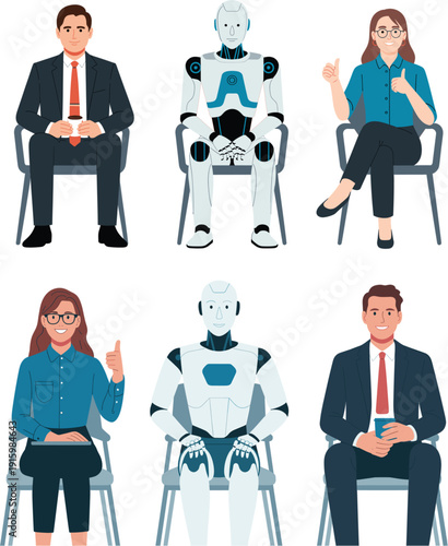 Diverse Group of Professionals and Humanoid Robots Sitting in Chairs Artificial Intelligence and Human Collaboration Concept Flat Vector