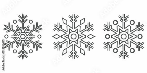 Three detailed snowflake illustrations in black and white line art