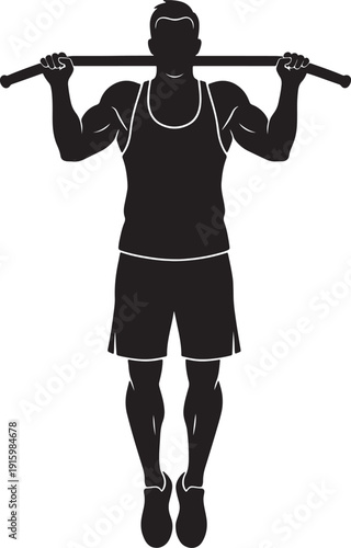 Muscular man silhouette performing a pull up exercise on a fitness bar