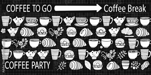Charming illustration of coffee cups cats and pastries on a chalkboard