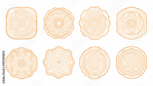 Eight stylized tree stump cross sections in varying shapes and ring patterns