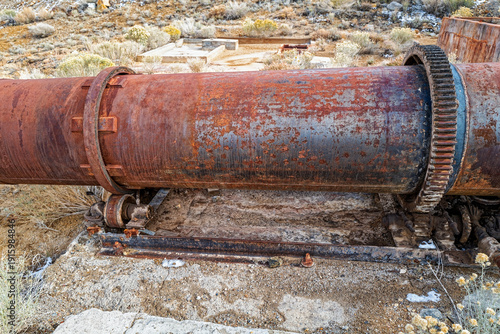 A section of a large rusty pipe at an abandoned mercury mine in Nevada, USA