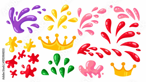 Colorful splashes crowns and star shapes arranged on a white background