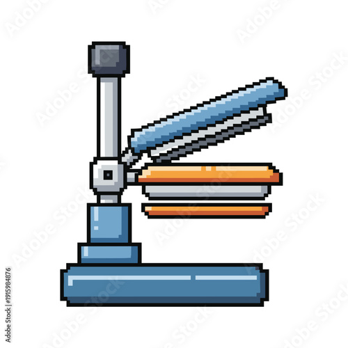 Pixel art illustration of a lid sealer in blue and orange, isolated on a white background, showcasing a retro style with bold lines and vibrant colors