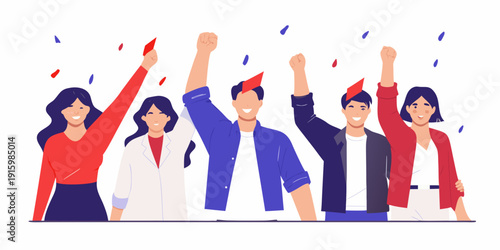 A group of people celebrating with raised arms and confetti falling