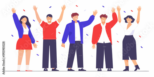 A group of diverse people celebrating with arms raised in the air