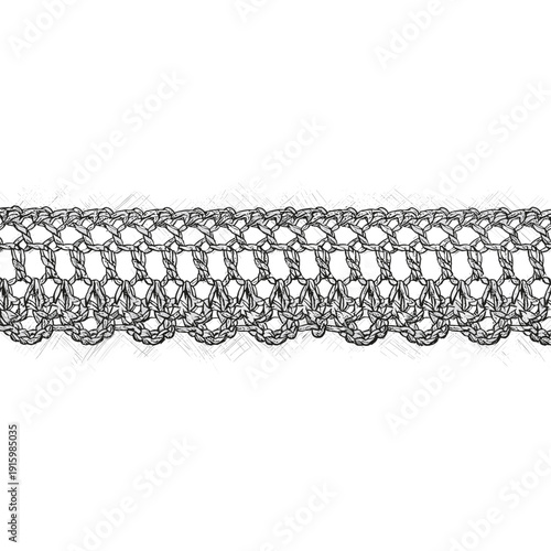 Intricate crochet edge design isolated on a white background, showcasing delicate openwork with a scalloped pattern