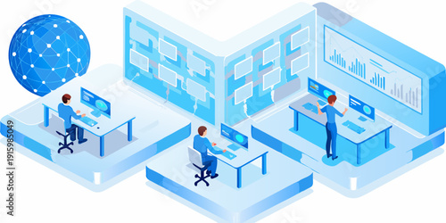 Isometric illustration depicting a modern data center with people working