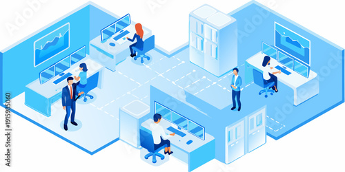 Isometric illustration of a modern open plan office workspace with employees