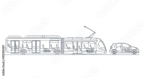 Modern tram and small car line drawing illustration.