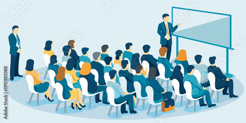 A business presentation is being delivered to a seated audience