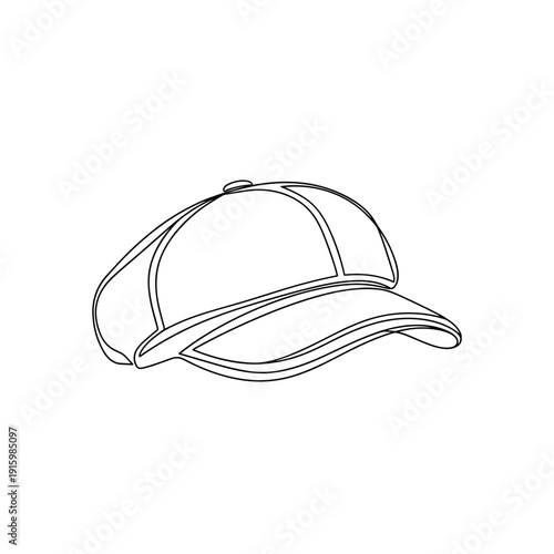 Line drawing of a hemp fabric cap isolated on a white background, showcasing detailed stitching and curved brim design