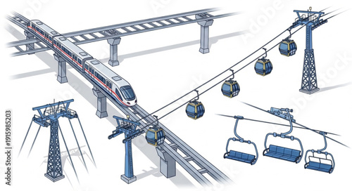 Modern transportation systems including a high-speed train and cable cars.