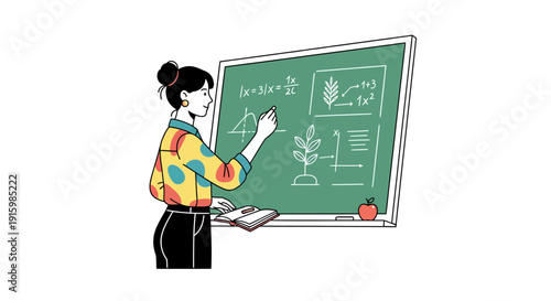 Woman teaching mathematics and biology concepts on a chalkboard