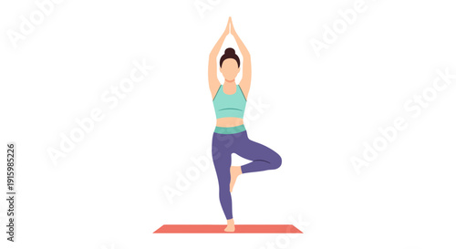 Woman in Tree Pose on Yoga Mat, Hands Raised in Prayer Position