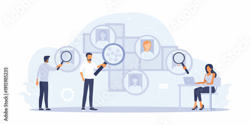 Team collaboration and recruitment process with people analyzing profiles