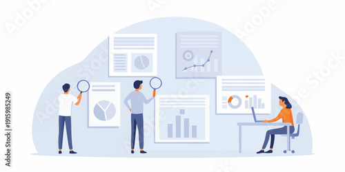 Team analyzes data visualizations and reports with collaborative focus