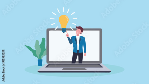 A man reaching for a glowing lightbulb emerging from a computer screen