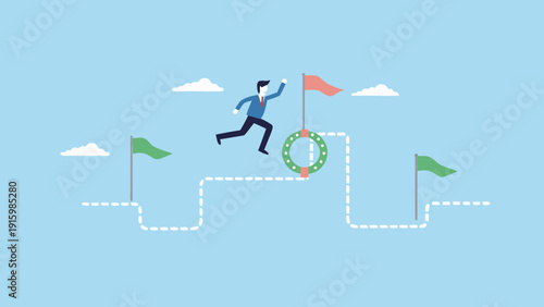 A businessperson runs along a dotted path towards a circular goal